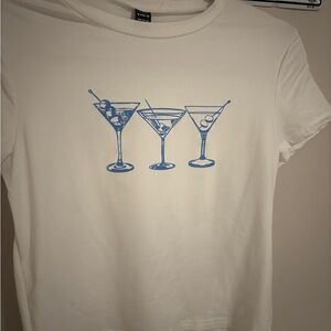 White T-Shirt with Blue Cocktail Glasses Print